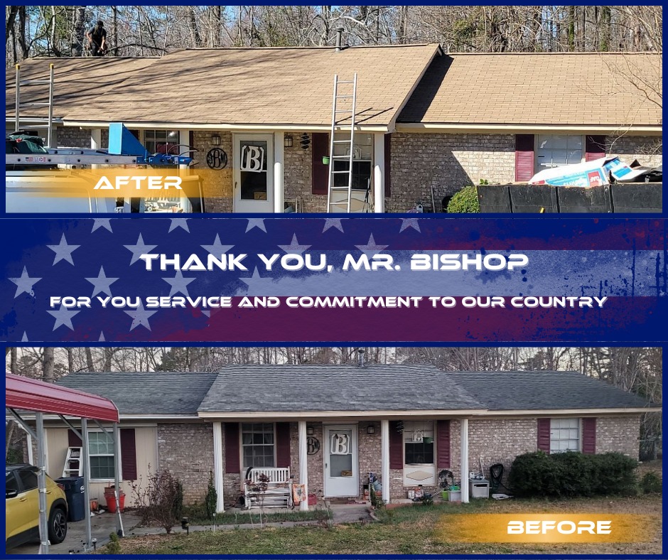 a photo of the before and a after of roof done by Hero Roof with a thank you message
